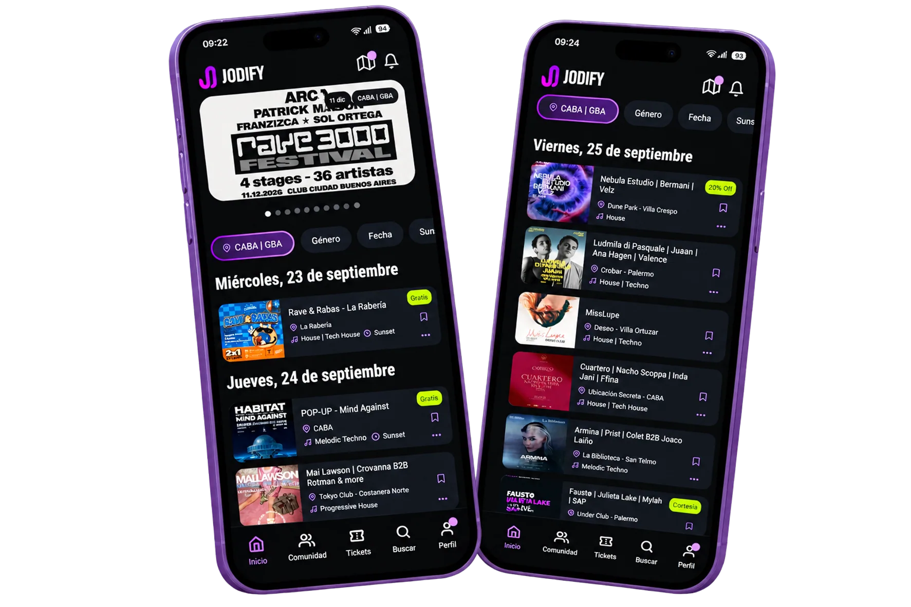 App de Jodify mostrando la agenda de eventos de la semana